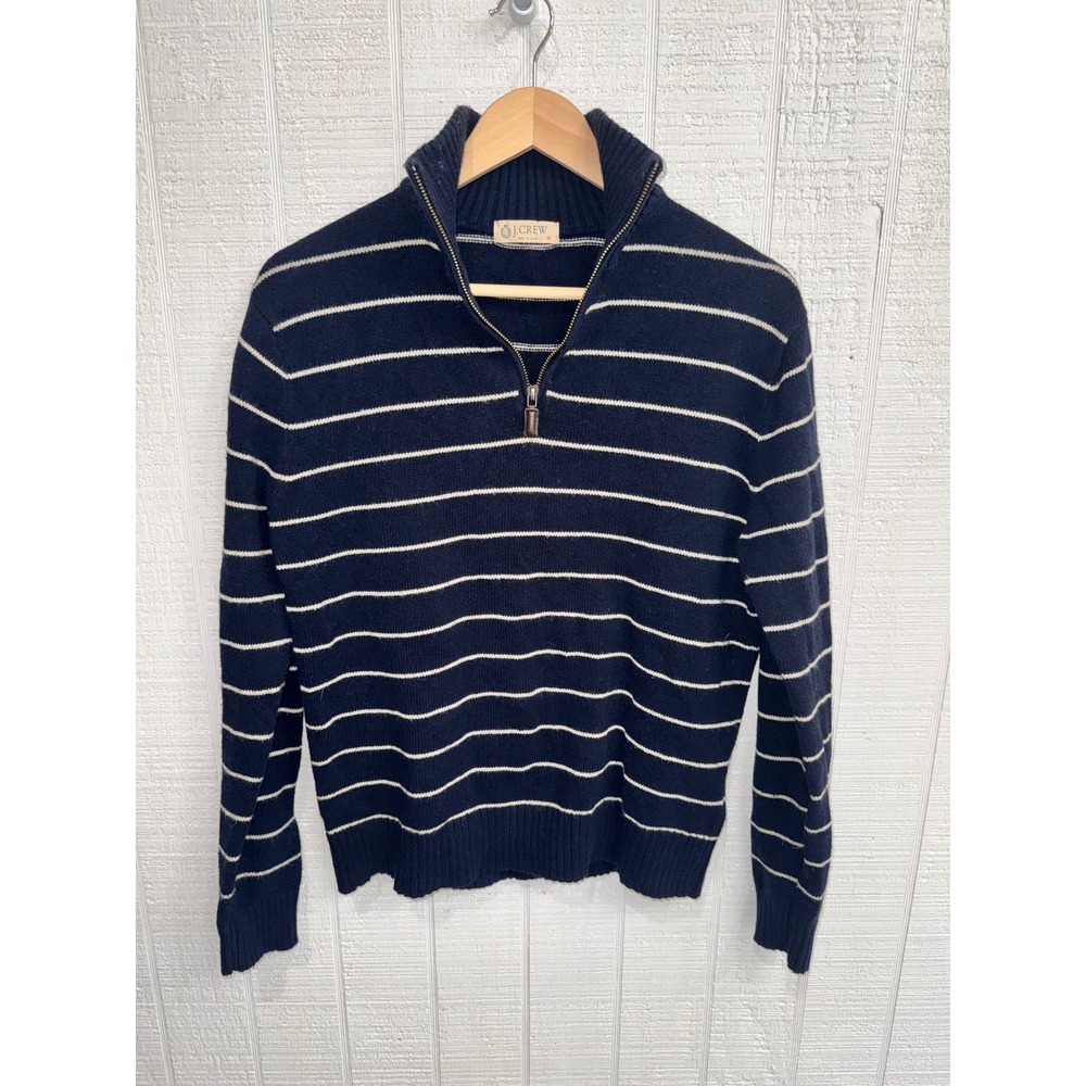 J.Crew Quarter Zip Sweater Mens Navy Blue Striped Cotton Cashmere 90538 Medium